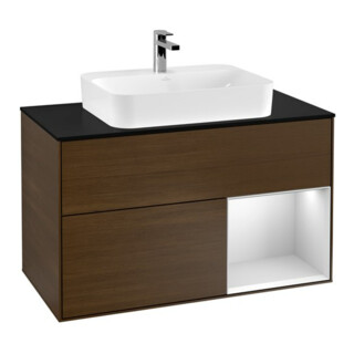 V&B Finion Meuble sous lavabo 100 cm, bleu, étagère droite blanche, laqué, veinage bois