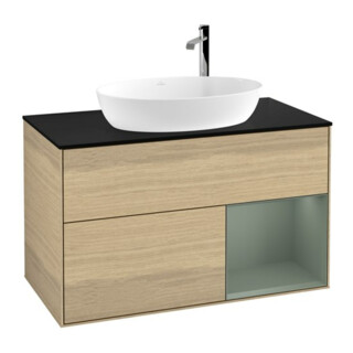 V&B Finion Meuble sous lavabo 100 cm, bleu, étagère, laqué, éclairage mural
