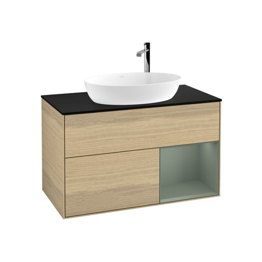 V&B Finion Meuble sous lavabo 100 cm, bleu, étagère, laqué, éclairage mural