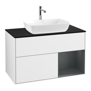 V&B Finion Meuble sous lavabo 100 cm, bleu, étagère médium laqué, blanc brillant laqué, applique murale