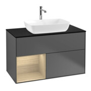 V&B Finion Meuble sous lavabo 100 cm, éclairage mural, anthracite, placage bleu pâle, étagère ouverte