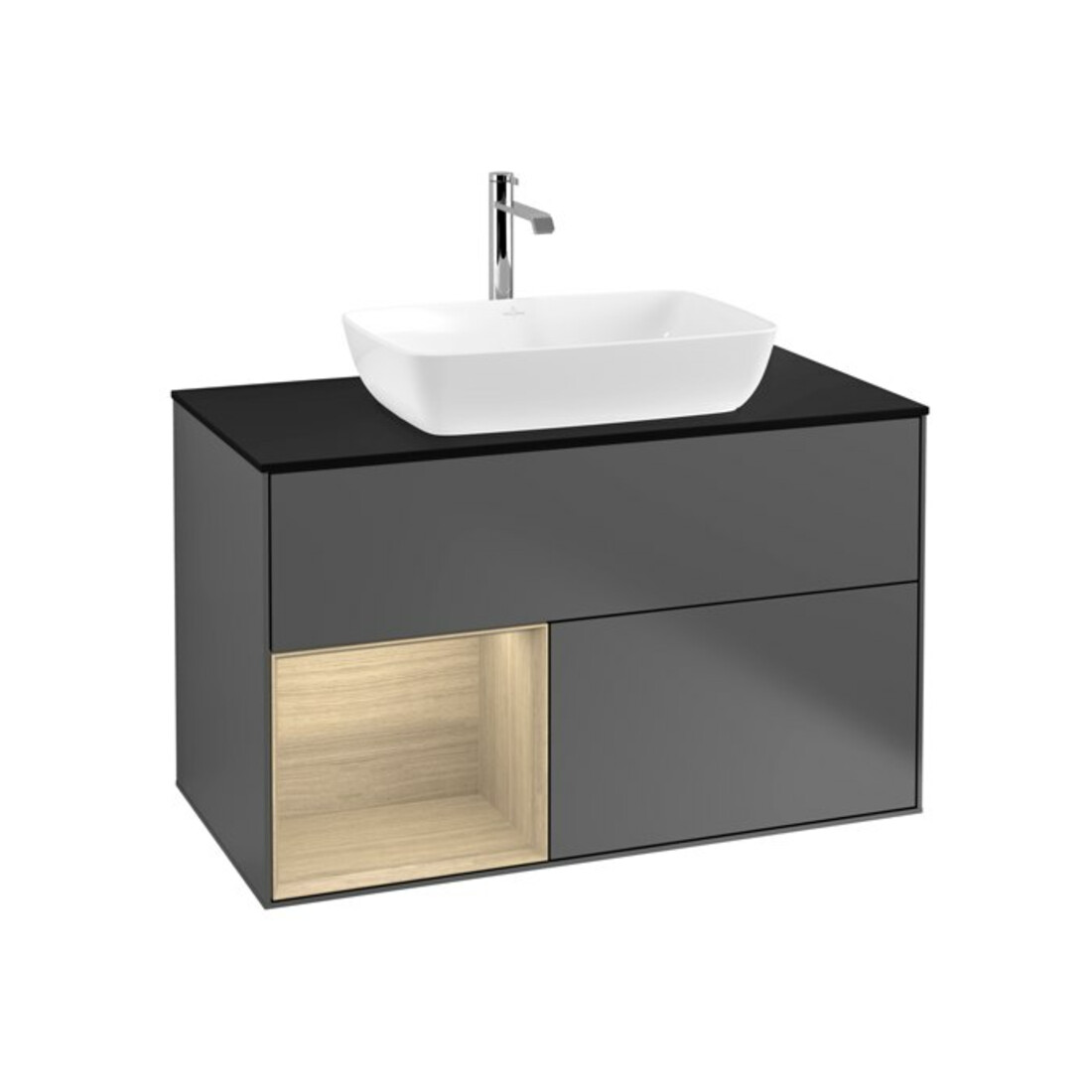 V&B Finion Meuble sous lavabo 100 cm, éclairage mural, anthracite, placage bleu pâle, étagère ouverte