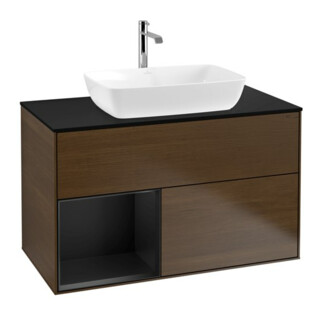 V&B Finion Meuble sous lavabo 100 cm, éclairage mural, bleu mat, régulé bleu mat, placage noyer