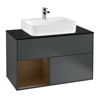 V&B Finion Meuble sous lavabo 100 cm, éclairage mural, placage bois, porte gauche, finition mate bleue avec laque