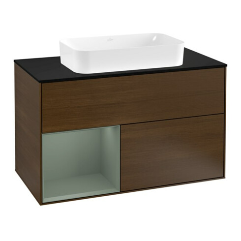 V&B Finion Meuble sous-lavabo 100 cm, éclairage mural, placage noyer, gauche, finition laquée