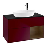 V&B Finion Meuble sous-lavabo 100 cm, éclairage mural, plaque d'abattant bleue, poignée en bois, miroir Peo m