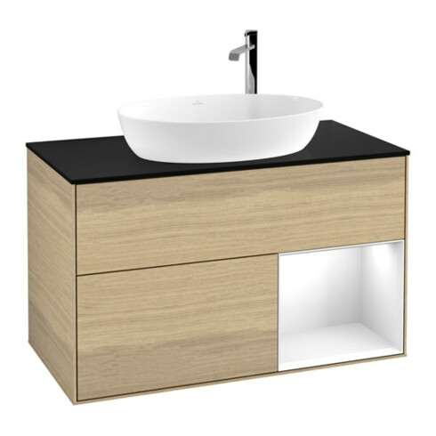 V&B Finion Meuble sous lavabo 100 cm, Pl bleu mat, Étagère blanc brillant, Lac, Oa ven