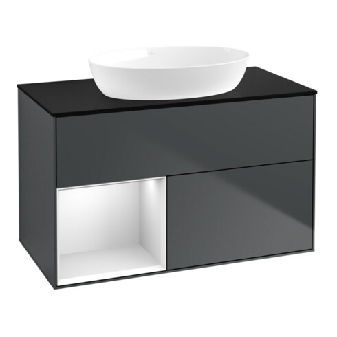 V&B Finion Meuble sous lavabo 100 cm, placage blanc mat, laqué blanc, avec éclairage mural