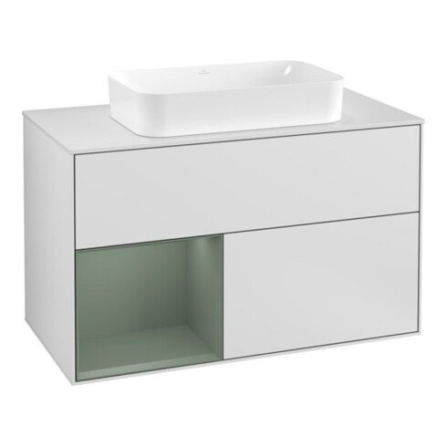 V&B Finion Meuble sous lavabo 100 cm, placage blanc mat, tiroir gauche, olivier mat laqué, blanc laqué