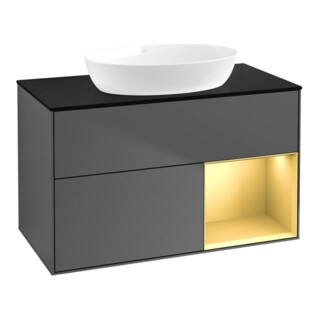 V&B Finion Meuble sous lavabo 100 cm, placage bleu, étagère laiton, anthracite
