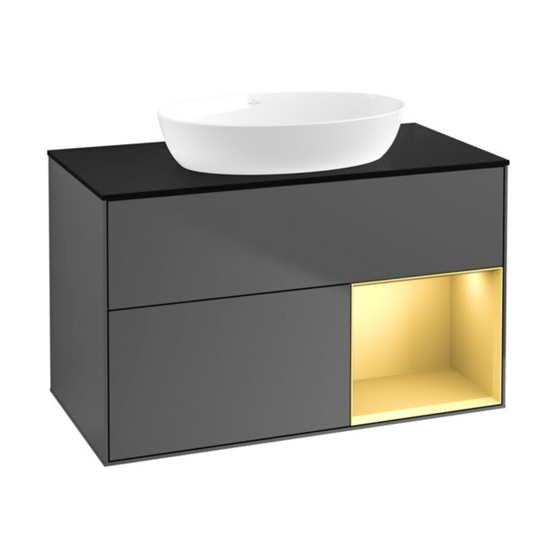 V&B Finion Meuble sous lavabo 100 cm, placage bleu, étagère laiton, anthracite
