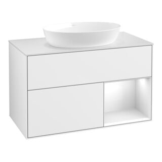 V&B Finion Meuble sous lavabo 100, Plaque blanche mat, Face laque blanche brillante