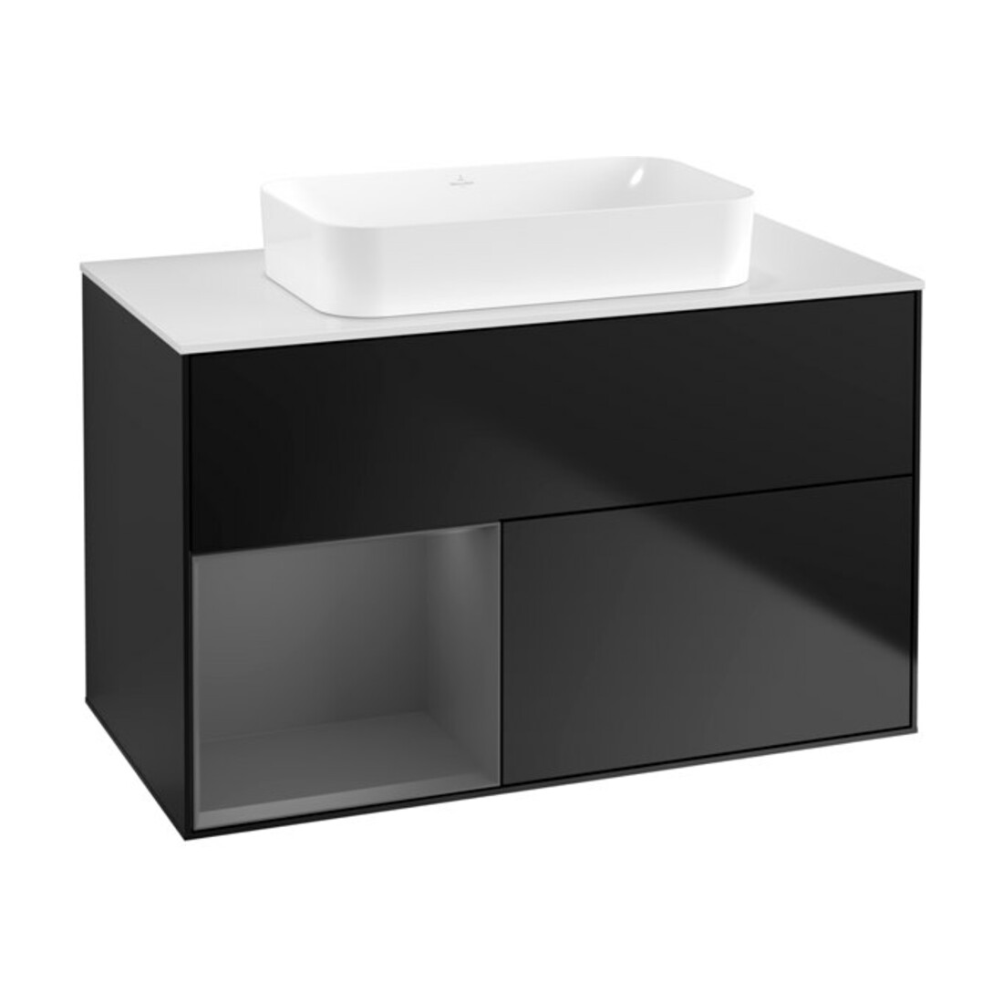 V&B Finion Meuble sous lavabo 100x60,3 cm, Anthracite mat, bleu mat, éclairage mural, Rg gauche