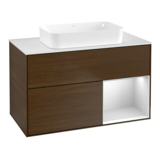 V&B Finion Meuble sous lavabo 100x60,3 cm, éclairage mural, blanc brillant, noyer veneer
