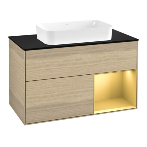 V&B Finion Meuble sous lavabo 100x60,3 cm, éclairage mural, placage chêne mat