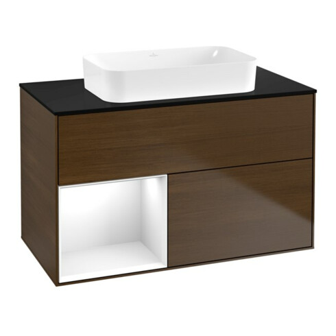 V&B Finion Meuble sous lavabo 100x60,3 cm, tiroir gauche, blanc brillant, chêne walnut