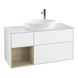 V&B Finion Meuble sous lavabo 120 cm, blanc brillant, éclairage mural, poignée Oa ven, blanc brillant laqué