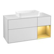V&B Finion Meuble sous-lavabo 120 cm, blanc brillant, éclairage mural, réglette droite or, blanc mat Lac