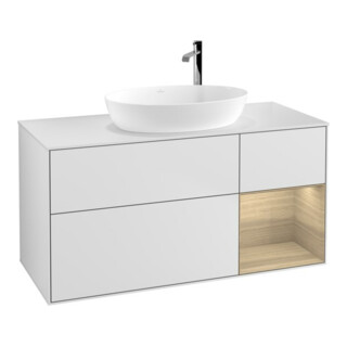 V&B Finion Meuble sous lavabo 120 cm, blanc brillant, éclairage mural, réglette Oa ven, blanc mat Lac