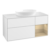 V&B Finion Meuble sous lavabo 120 cm, blanc brillant, éclairage mural, réglette Oa ven, laqué blanc brillant