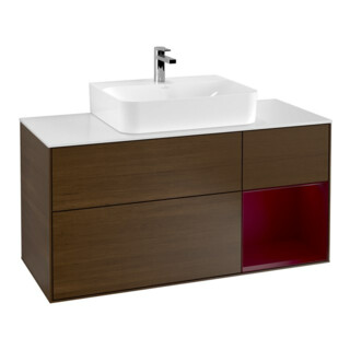 V&B Finion Meuble sous lavabo 120 cm, blanc brillant, éclairage mural, tiroir à droite, noyer veneer