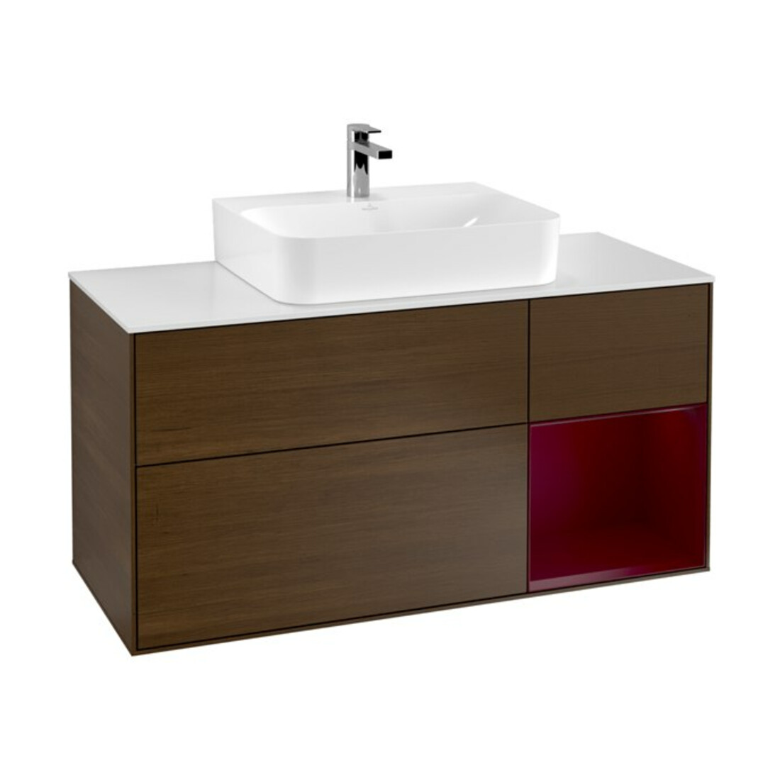 V&B Finion Meuble sous lavabo 120 cm, blanc brillant, éclairage mural, tiroir à droite, noyer veneer