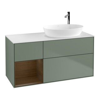 V&B Finion Meuble sous lavabo 120 cm, blanc brillant, étagère noyer, huile avec laque