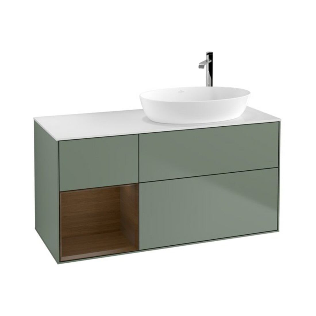 V&B Finion Meuble sous lavabo 120 cm, blanc brillant, étagère noyer, huile avec laque