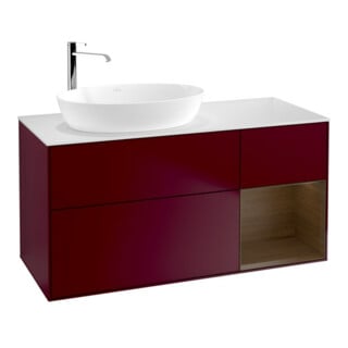 V&B Finion Meuble sous lavabo 120 cm, blanc brillant, placage noyer, poignée métal