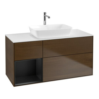 V&B Finion Meuble sous lavabo 120 cm, blanc brillant, poignée bleue mate, placage noyer veneer