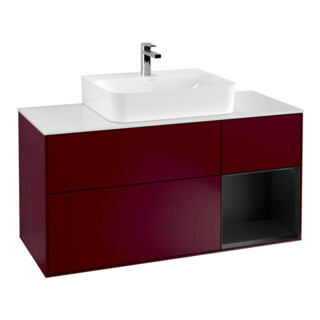 V&B Finion Meuble sous lavabo 120 cm, blanc brillant, tiroir bleu laqué, poignée métallique