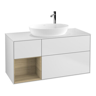 V&B Finion Meuble sous lavabo 120 cm, blanc, éclairage mural, laqué blanc
