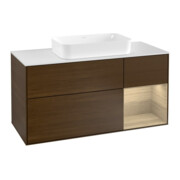 V&B Finion Meuble sous lavabo 120 cm, blanc, éclairage mural, porte droite, veinage chêne