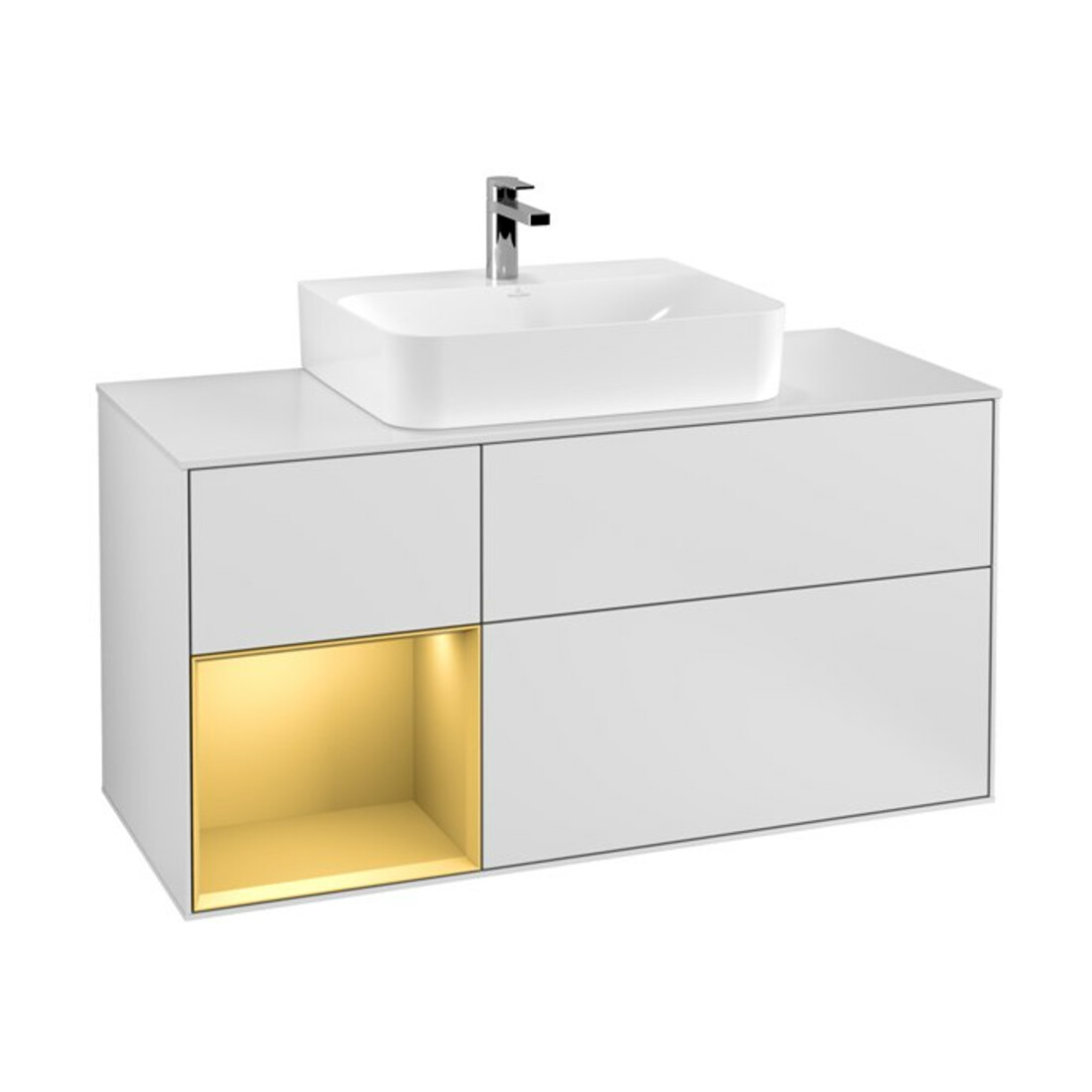 V&B Finion Meuble sous lavabo 120 cm, blanc, éclairage mural, réglette gauche, blanc laqué