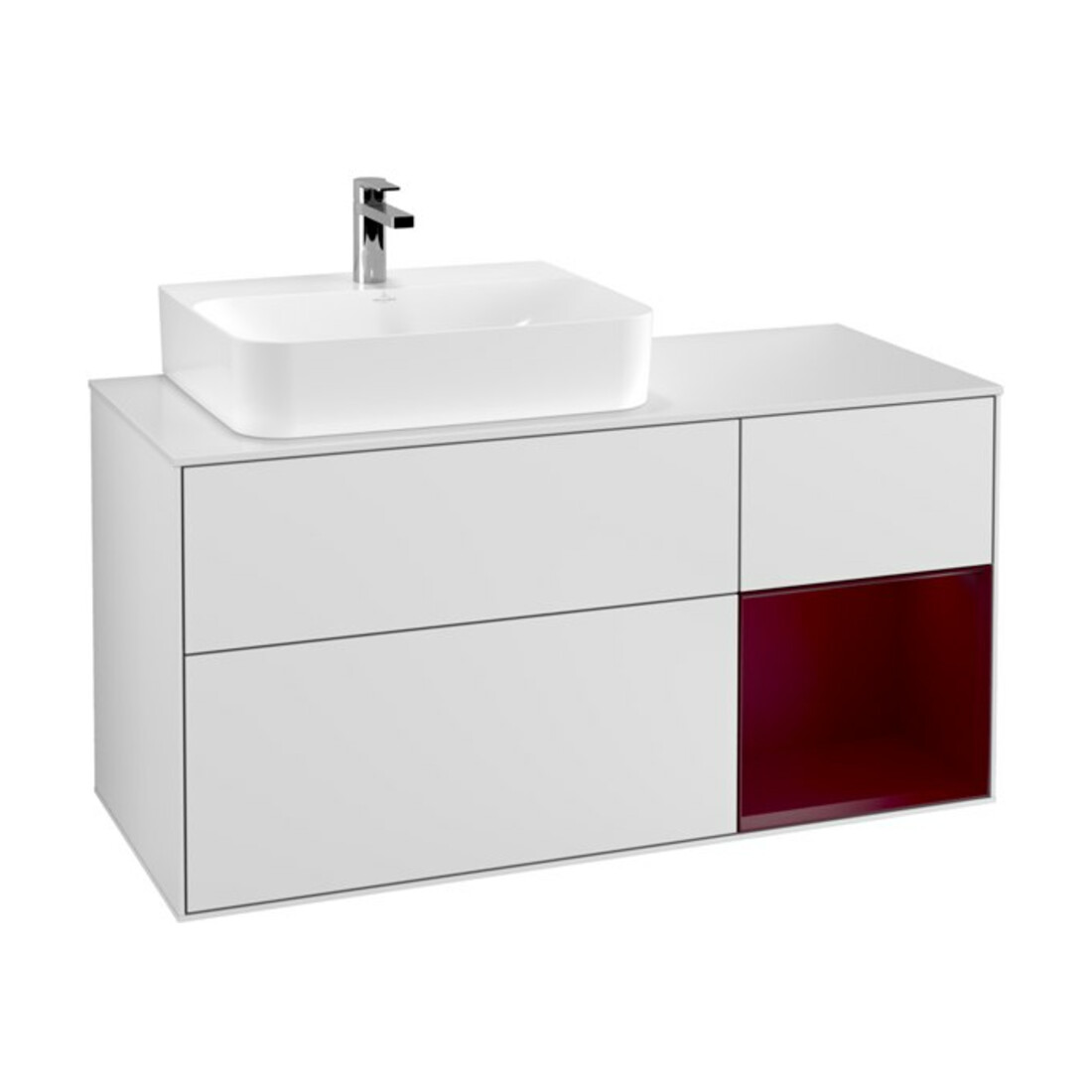 V&B Finion Meuble sous lavabo 120 cm, blanc, éclairage mural, tiroir gauche, blanc laqué