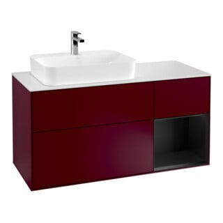 V&B Finion Meuble sous lavabo 120 cm, blanc mat, avec éclairage mural, tiroir droit, laqué bleu mat, poignée métal