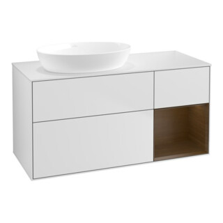 V&B Finion Meuble sous-lavabo 120 cm, blanc mat, éclairage mural, façade noyer veiné, blanc mat laqué