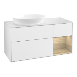 V&B Finion Meuble sous lavabo 120 cm, blanc mat, éclairage mural, laqué blanc brillant