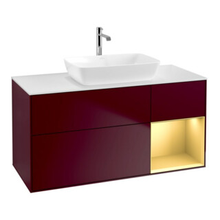 V&B Finion Meuble sous lavabo 120 cm, blanc mat, éclairage mural, poignée or mat, miroir
