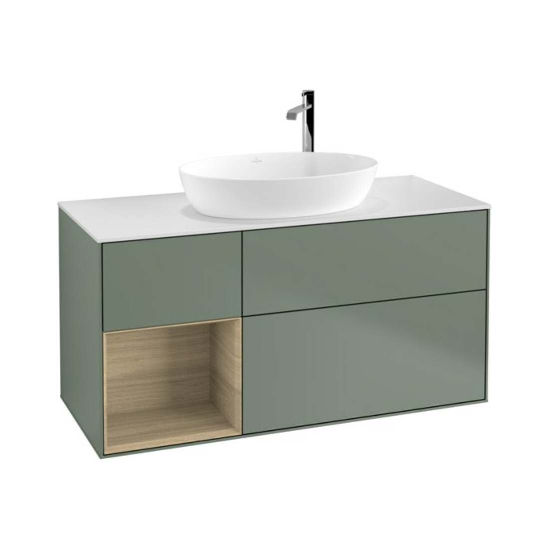 V&B Finion Meuble sous lavabo 120 cm, blanc mat, éclairage mural, rangement ouvert, olivier mat laqué