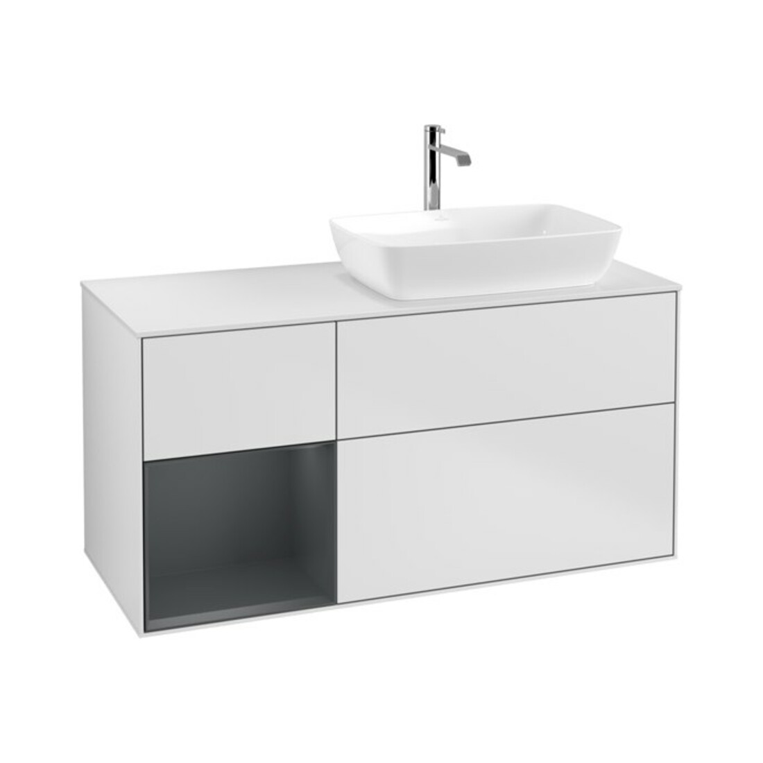 V&B Finion Meuble sous lavabo 120 cm, blanc mat, éclairage mural, réglette médium mat laqué blanc