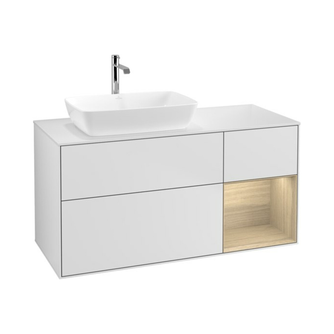 V&B Finion Meuble sous lavabo 120 cm, blanc mat, éclairage mural, réglette Oa ven, blanc mat laqué