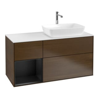 V&B Finion Meuble sous lavabo 120 cm, blanc mat, éclairage mural, tiroir bleu mat, noyer veiné