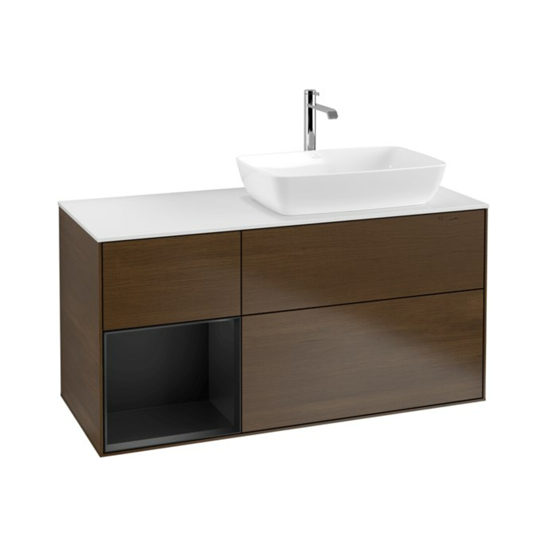V&B Finion Meuble sous lavabo 120 cm, blanc mat, éclairage mural, tiroir bleu mat, noyer veiné