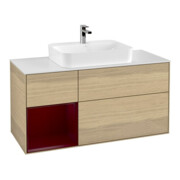 V&B Finion Meuble sous-lavabo 120 cm, blanc mat, étagère gauche, éclairage mural Peo, Oa ven
