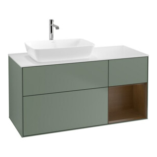 V&B Finion Meuble sous lavabo 120 cm, blanc mat, étagère noyer, poignée laiton mat