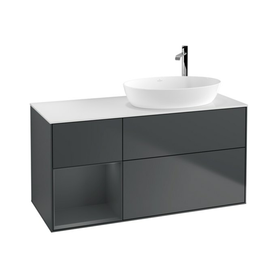 V&B Finion Meuble sous lavabo 120 cm, blanc mat, face médium laqué, médium bleu laqué