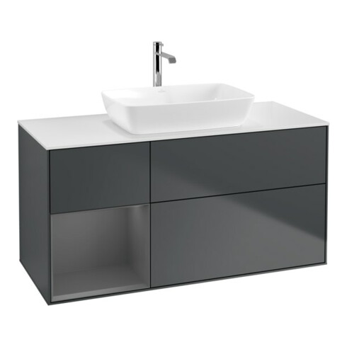 V&B Finion Meuble sous lavabo 120 cm, blanc mat, poignée alu mat laqué, miroir blanc mat laqué