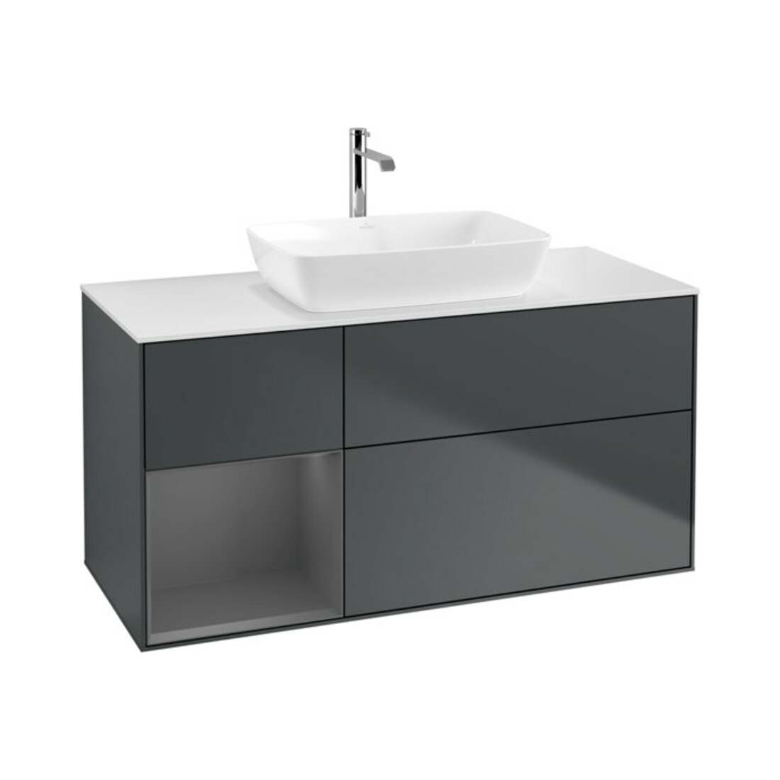 V&B Finion Meuble sous lavabo 120 cm, blanc mat, poignée alu mat laqué, miroir blanc mat laqué