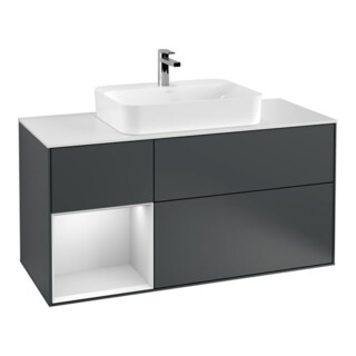 V&B Finion Meuble sous lavabo 120 cm, blanc mat, poignée laiton, miroir avec éclairage mural bleu mat